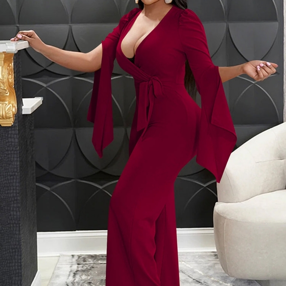 New fashion Long Sleeve V Neck sólido club wide leg bodycom jumpsuit party. - Picture 2 of 4